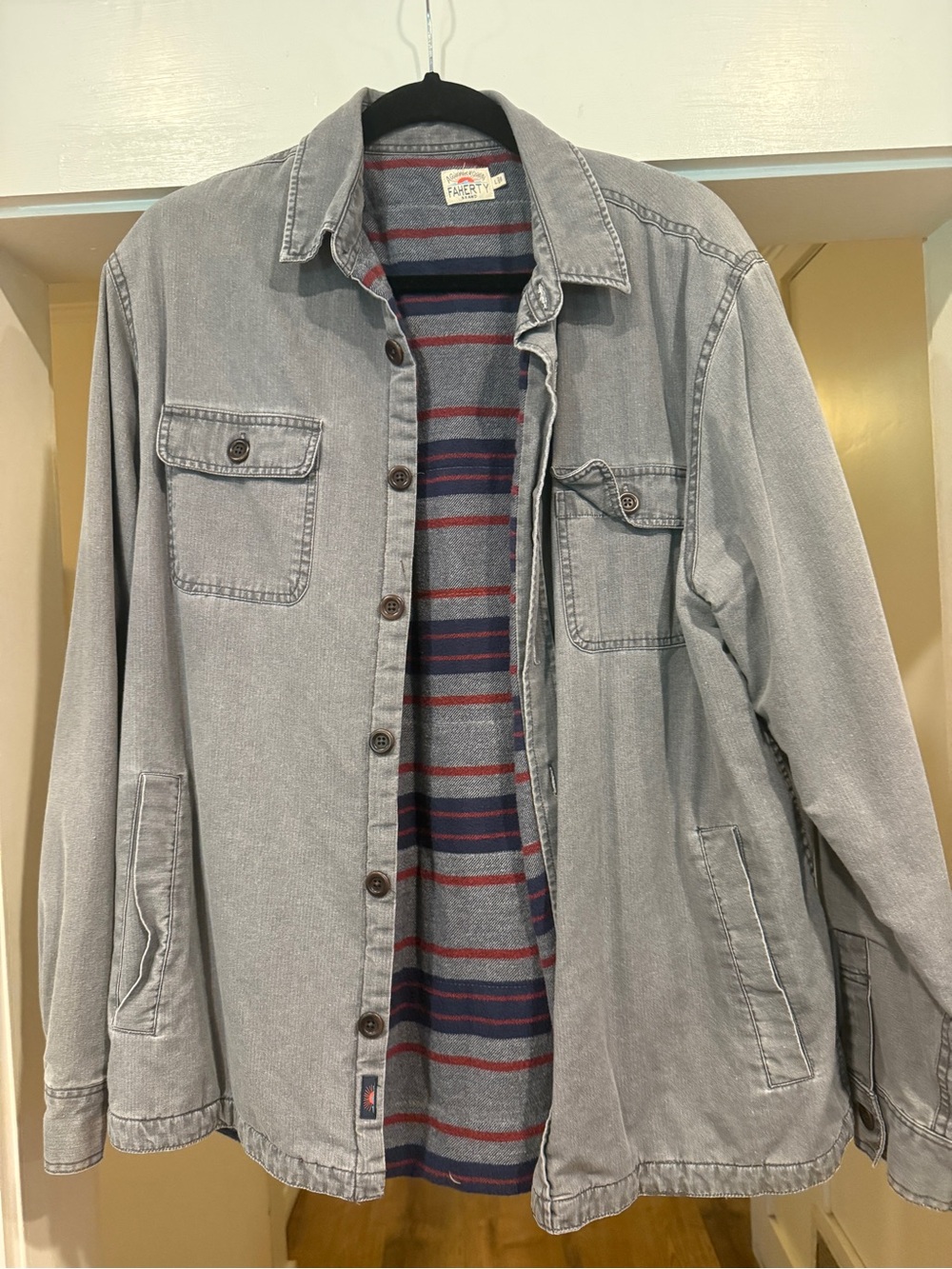 Faherty Light Gray Men's Shirt Jacket with Striped Inner Lining